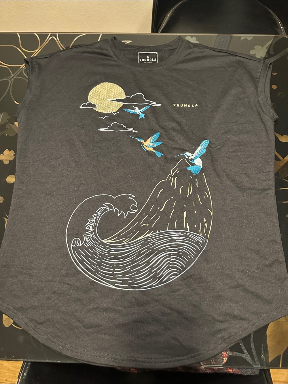 YoungLA Black Short-Sleeve Tee with Blue & Gold Hummingbird Wave Graphic